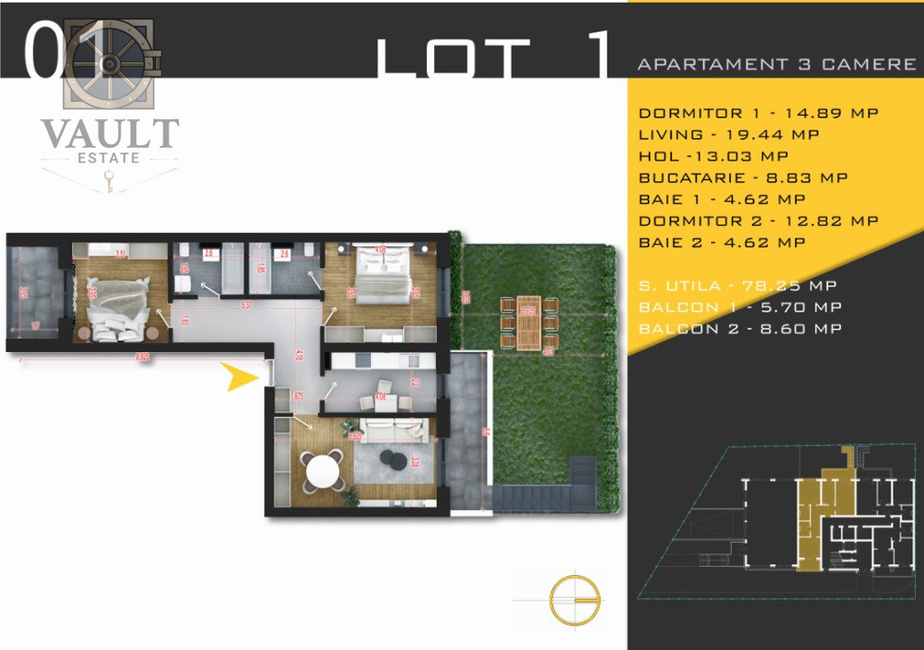 3 CAMERE -GRADINA PRIVATA 58MP -COMPLEX REZIDENTIAL NOU -PALLADY